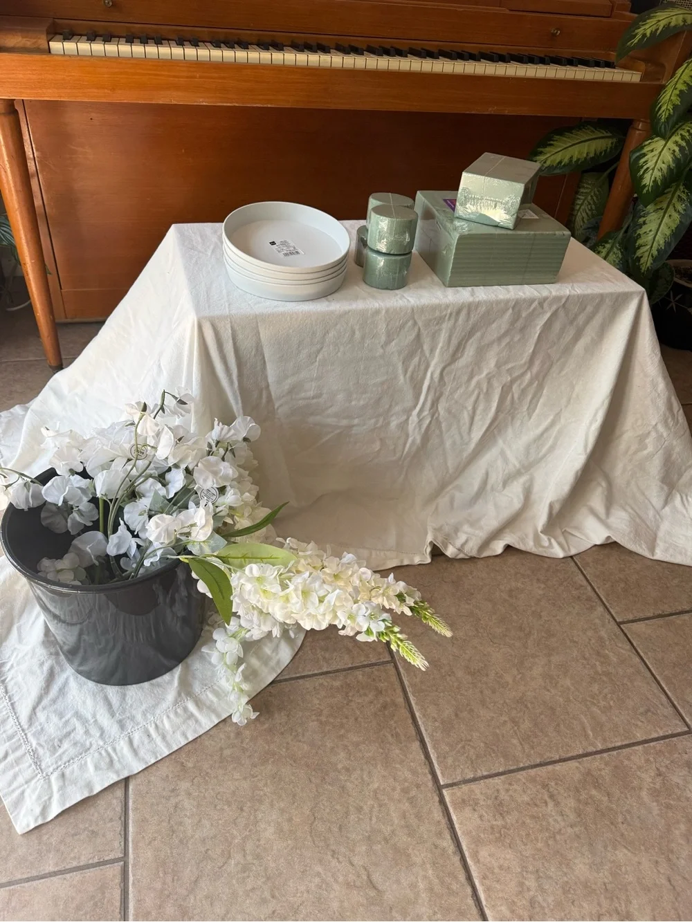 Wedding Supplies - White Table Cloth, Faux Florals, Floral Foam